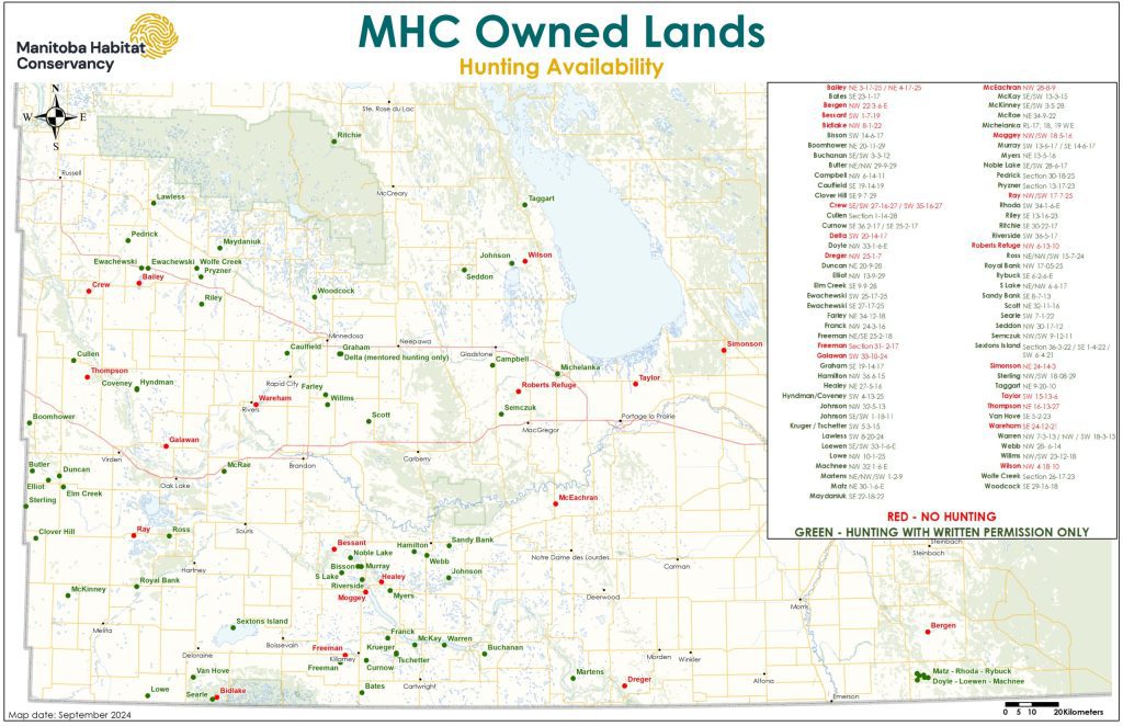 A map of Manitoba indicating the lands that allow and disallow hunting